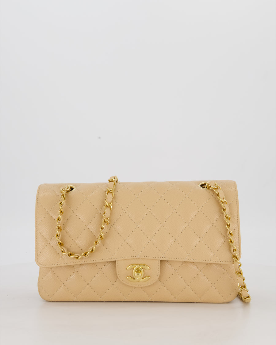 Chanel Medium Classic Double Flap Bag in Beige Clair Caviar Leather with Gold Hardware