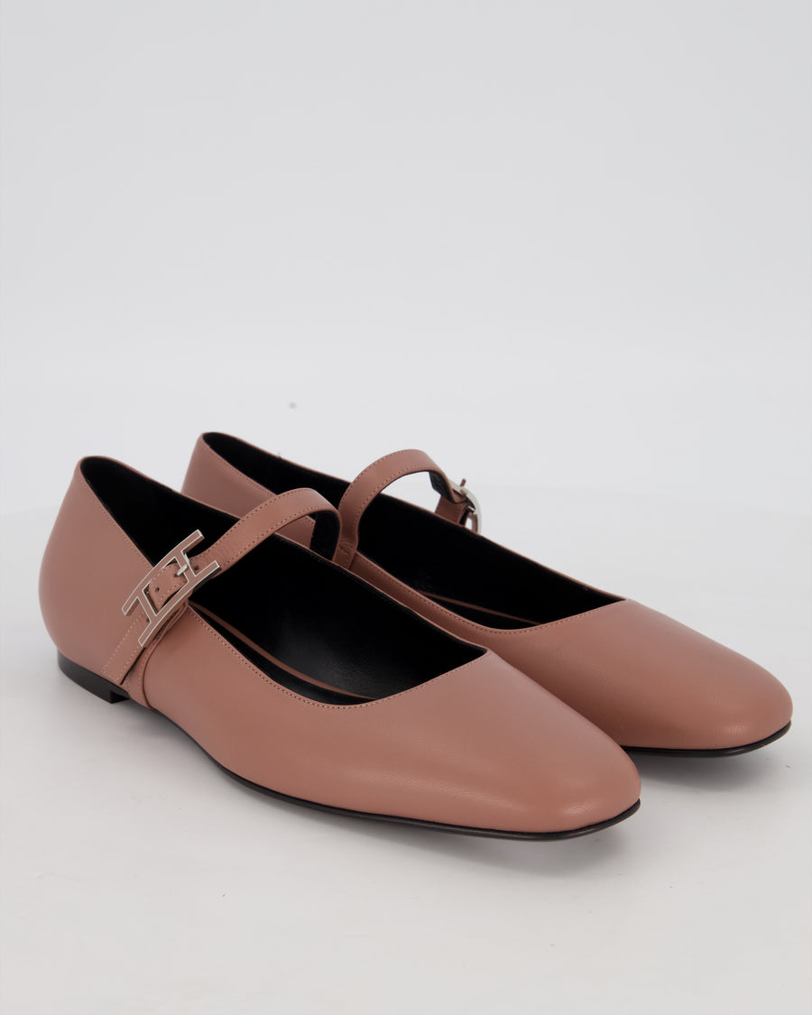 Hermès Mary Jane Ballet Flats in Rose Antique Goatskin Leather with Enamel Hapi Buckle Hardware Size EU 40