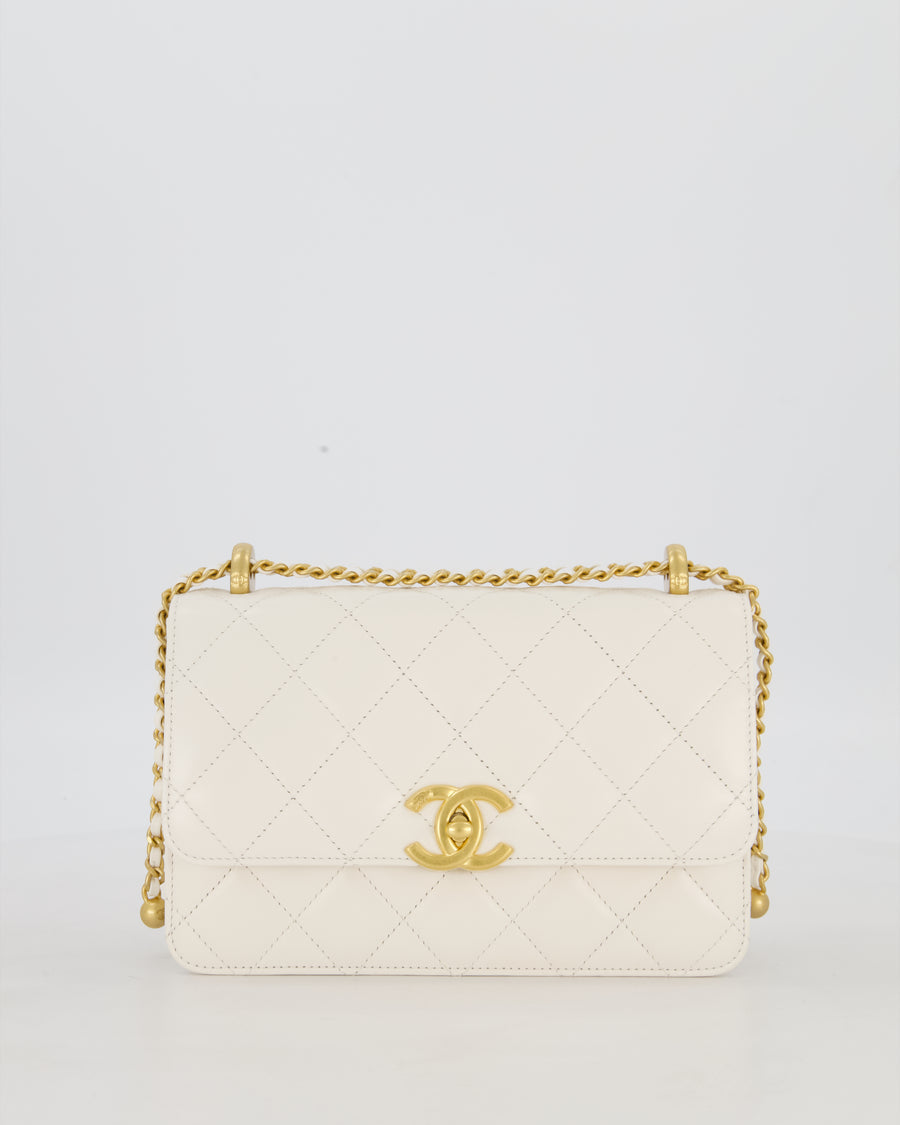 Chanel 21/A White Small Quilted Flap Bag with CC Logo Chain Detail
