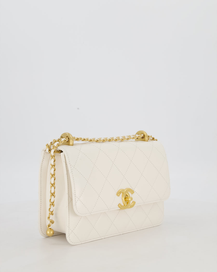 Chanel 21/A White Small Quilted Flap Bag with CC Logo Chain Detail