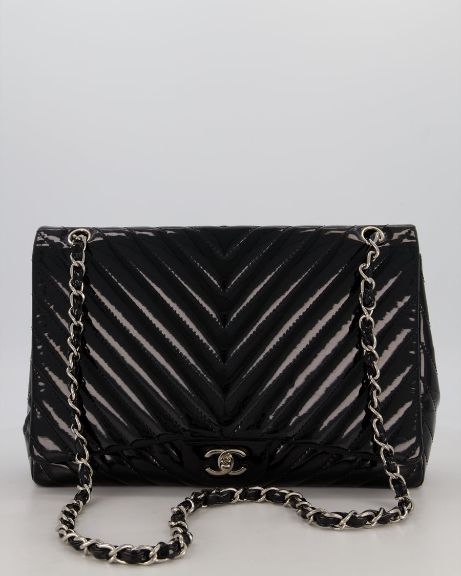 Chanel Black Patent Maxi Classic Single Flap Bag with Silver Hardware