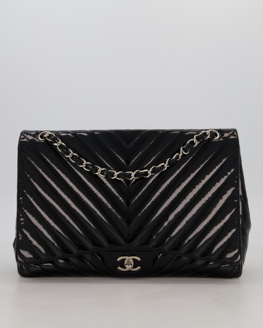 Chanel Black Patent Maxi Classic Single Flap Bag with Silver Hardware