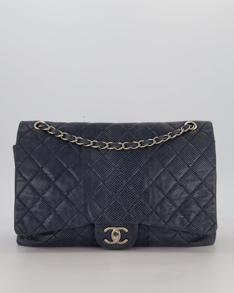 Chanel Blue Classic Maxi Double Flap in Exotic Python Leather with Silver Hardware