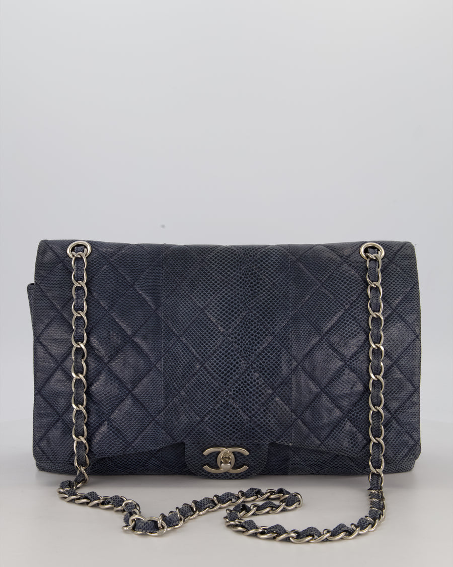 Chanel Blue Classic Maxi Double Flap in Exotic Python Leather with Silver Hardware