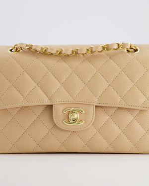 Chanel Small Classic Double Flap Bag in Beige Caviar Leather with Champagne Gold Hardware
