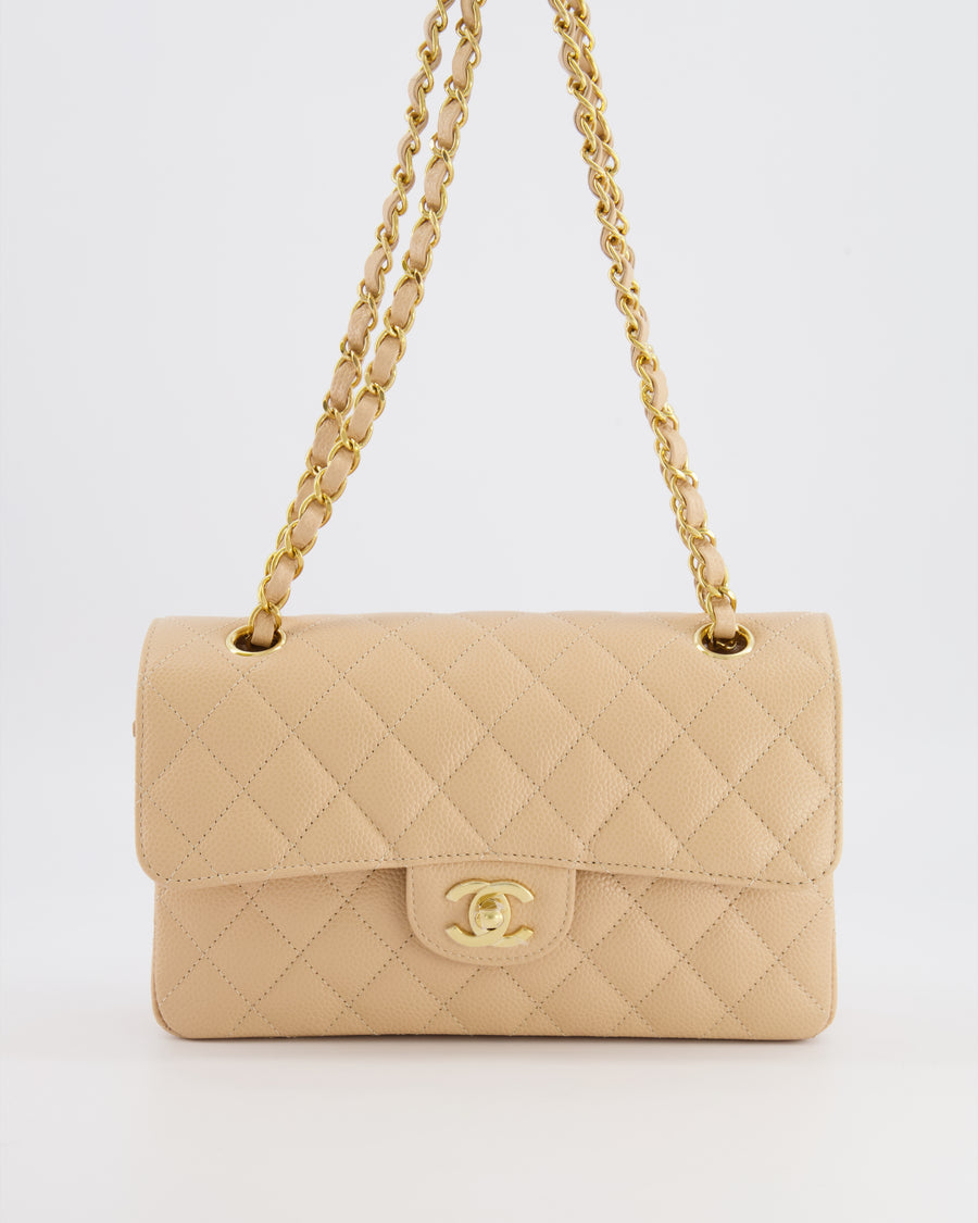 Chanel Small Classic Double Flap Bag in Beige Caviar Leather with Champagne Gold Hardware