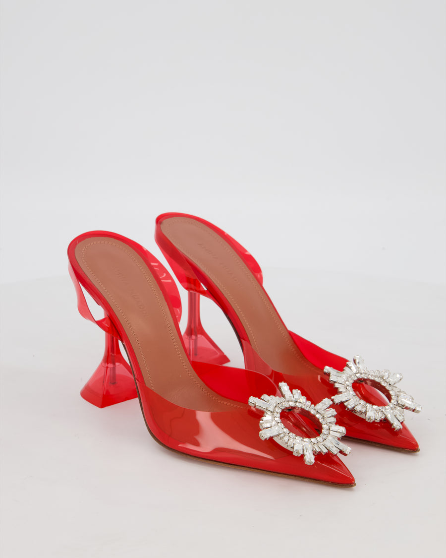 Amina Muaddi Red PVC Begum Glass Pumps Shoes With Crystal Embellishment  Details Size EU 36.5