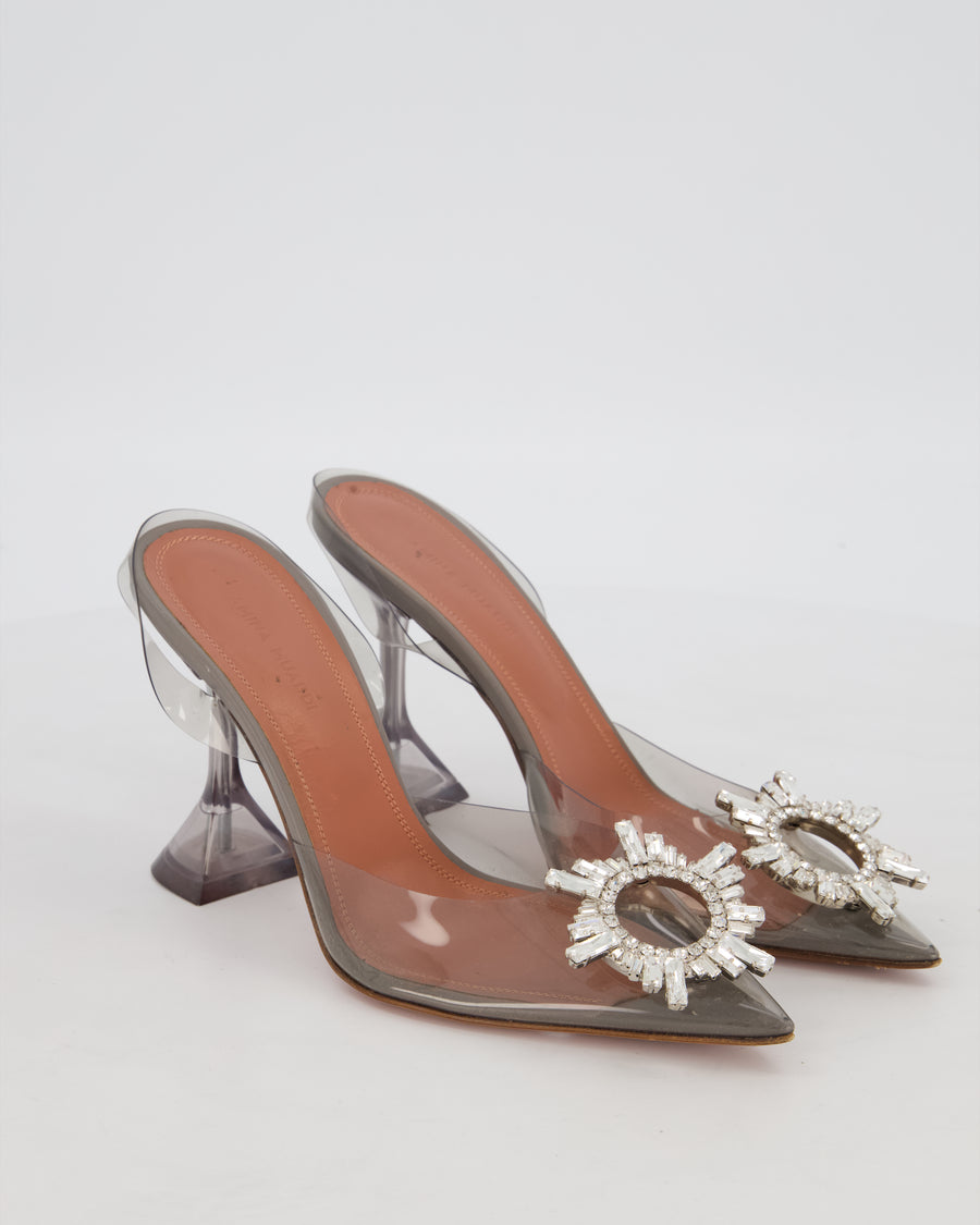 Amina Muaddi Begum Grey Transparent Crystal Embellished Heels Size EU 36.5
