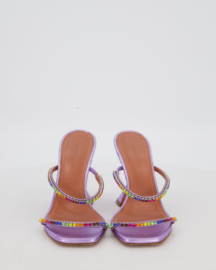 Amina Muaddi Gilda Rainbow Satin Mules with Crystals Size EU 36.5