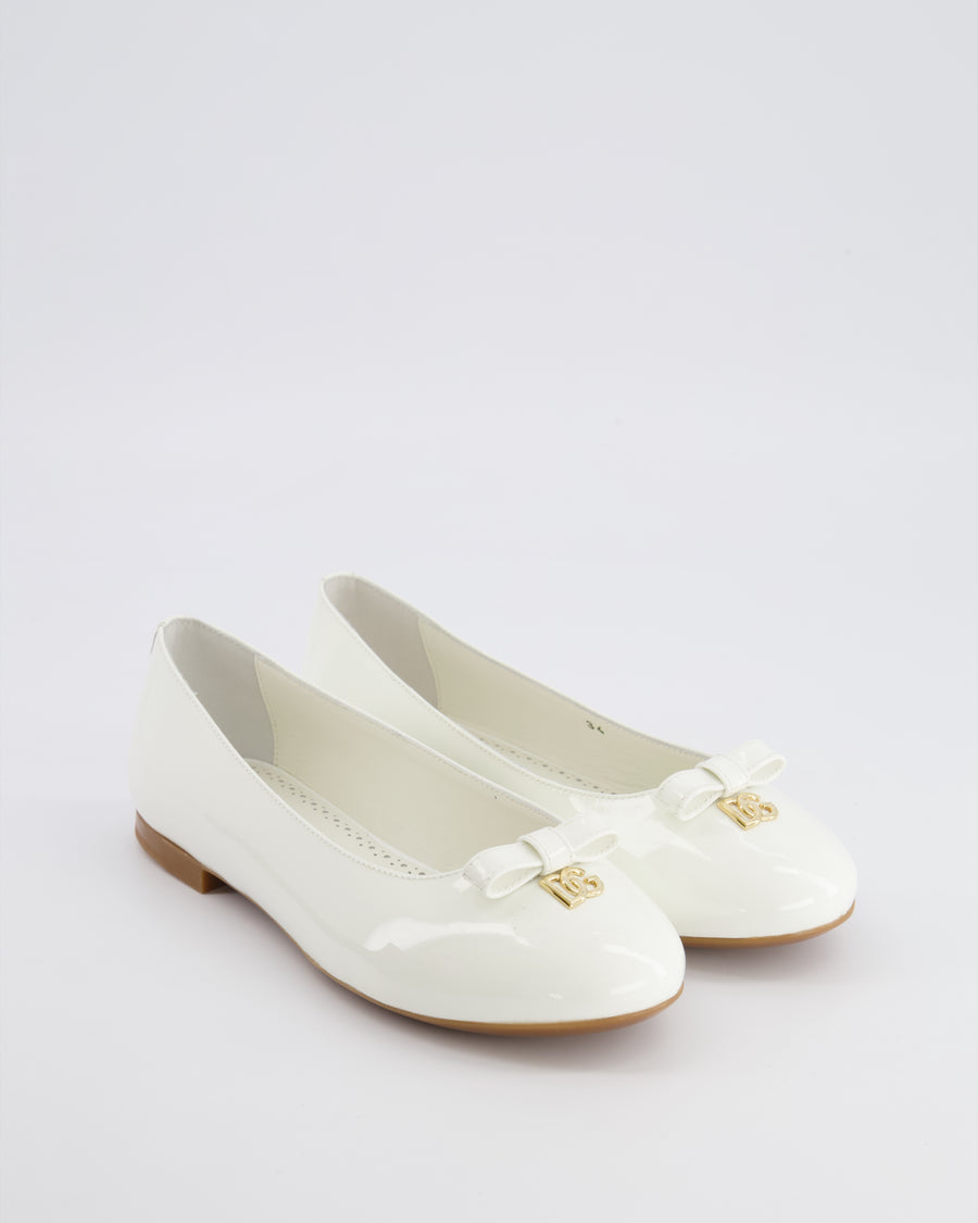 Dolce & Gabbana Kids White Patent Mary Jane Ballet Flats with Gold Logo Size 34 RRP £345