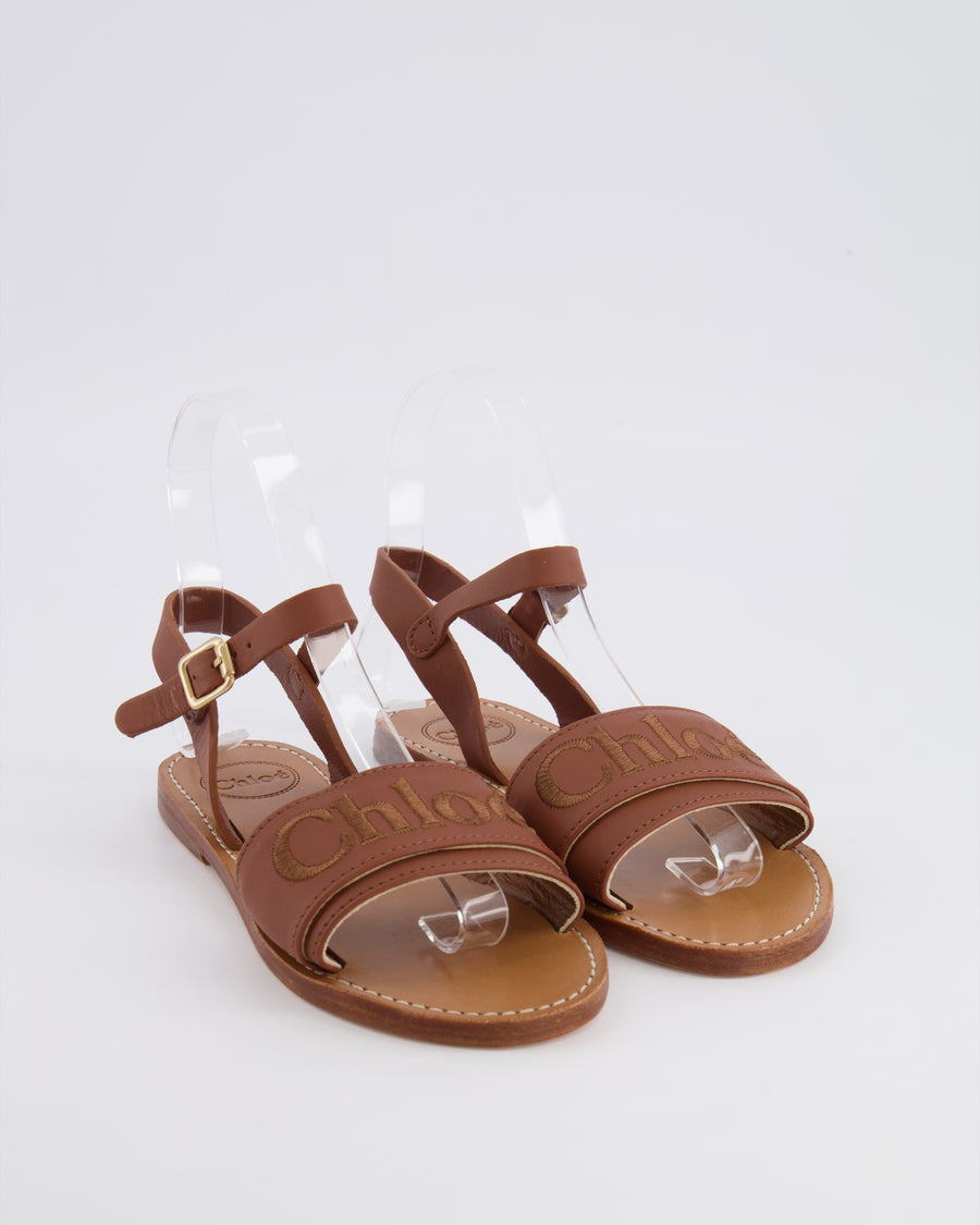 Chloé Kids Brown Leather Embroidered Logo Sandals Size 33 RRP £280