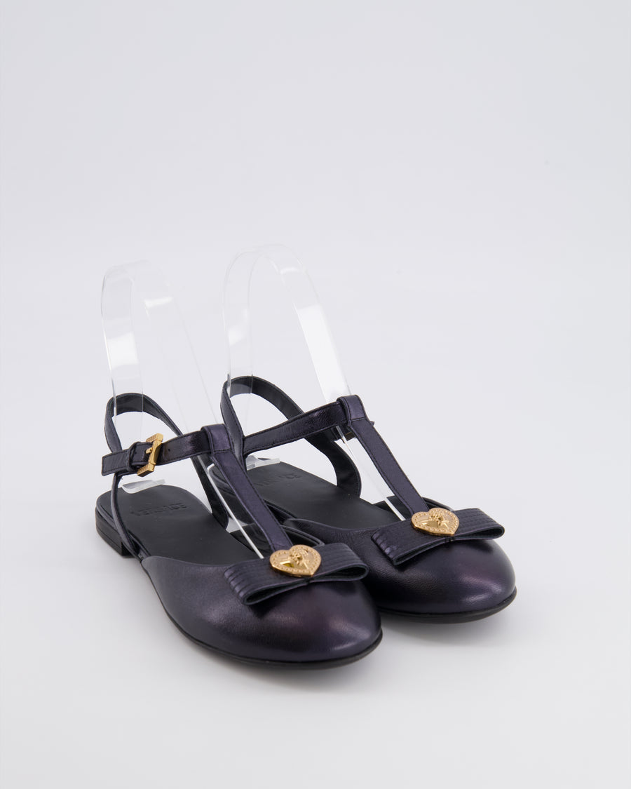 Versace Kids Dark Navy Leather Ballet Flats with Gold Heart Detail Size 33 RRP £400