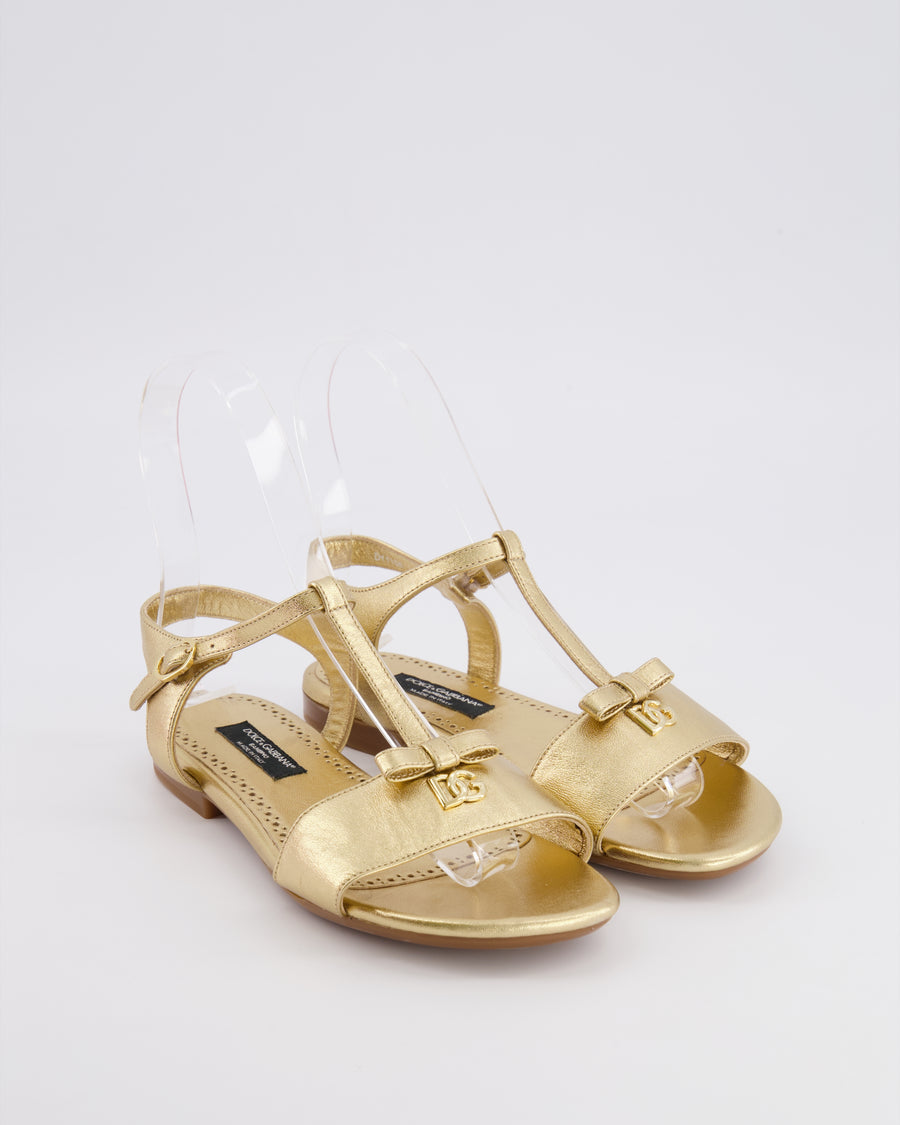 Dolce & Gabbana Kids Gold Leather Sandals with Gold Logo Size 33 RRP £335