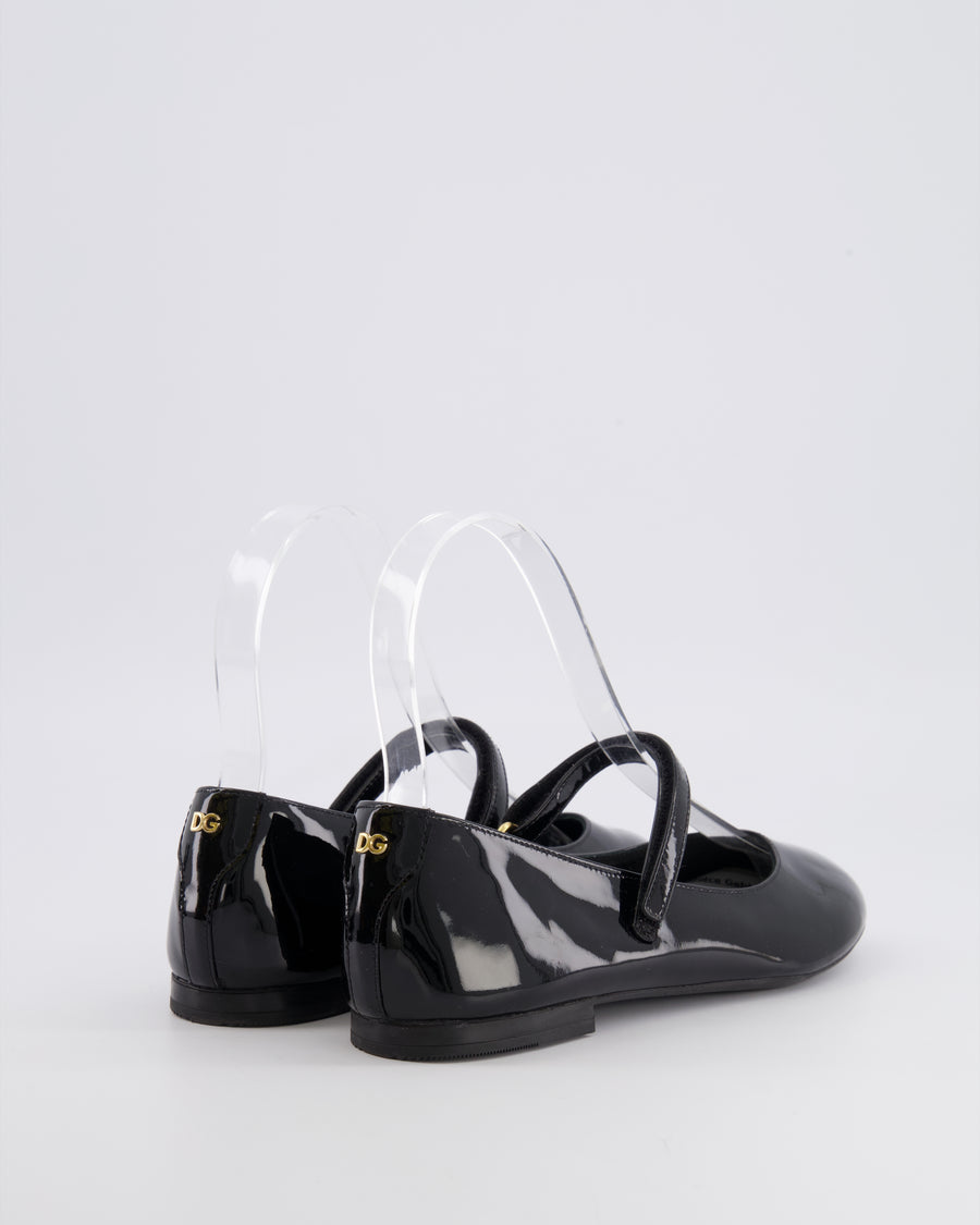 Dolce & Gabbana Kids Black Patent Mary Jane Ballet Flats with Gold Logo Size 34 RRP £345