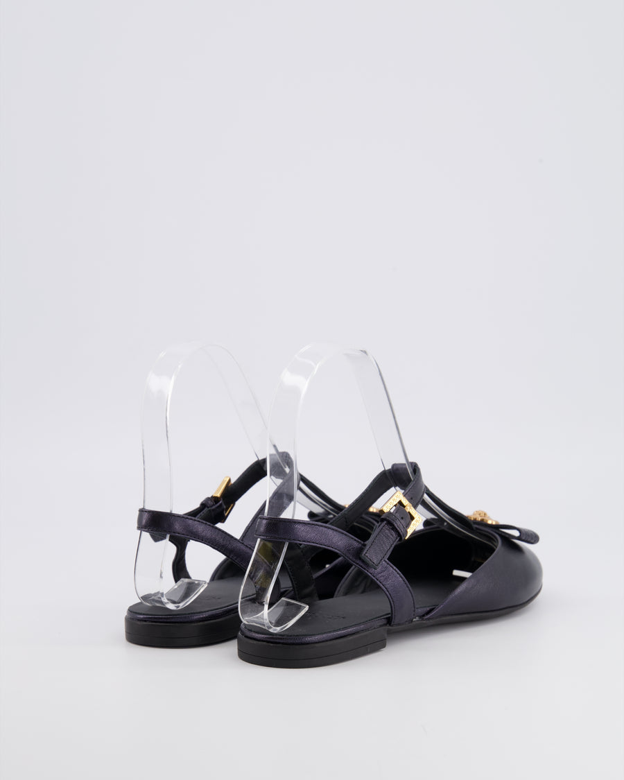 Versace Kids Dark Navy Leather Ballet Flats with Gold Heart Detail Size 33 RRP £400