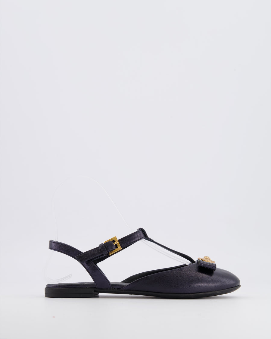 Versace Kids Dark Navy Leather Ballet Flats with Gold Heart Detail Size 33 RRP £400