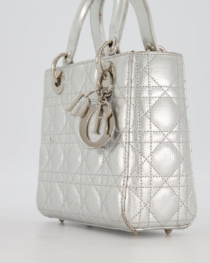 Christian Dior Small Lady Dior Bag in Silver Metallic Cannage Lambskin Leather with Silver Hardware