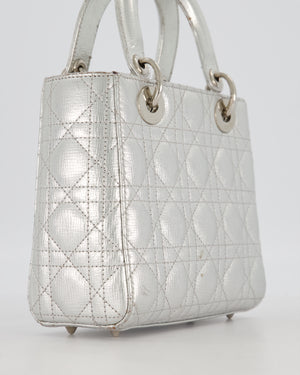 Christian Dior Small Lady Dior Bag in Silver Metallic Cannage Lambskin Leather with Silver Hardware