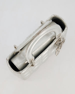 Christian Dior Small Lady Dior Bag in Silver Metallic Cannage Lambskin Leather with Silver Hardware