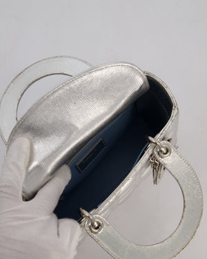 Christian Dior Small Lady Dior Bag in Silver Metallic Cannage Lambskin Leather with Silver Hardware