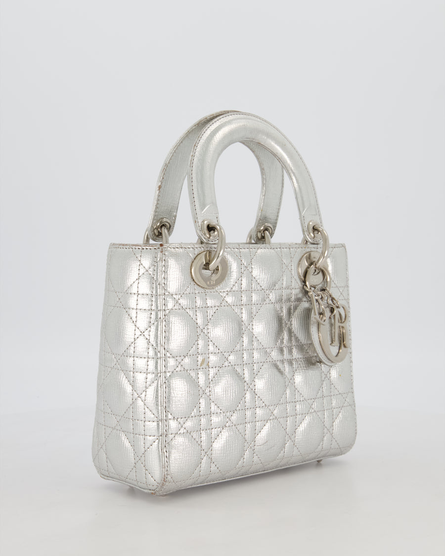 Christian Dior Small Lady Dior Bag in Silver Metallic Cannage Lambskin Leather with Silver Hardware