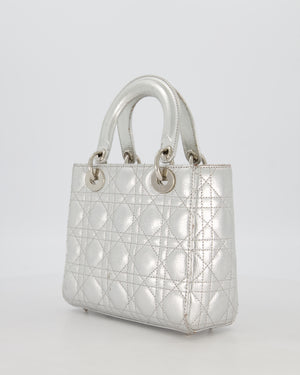 Christian Dior Small Lady Dior Bag in Silver Metallic Cannage Lambskin Leather with Silver Hardware