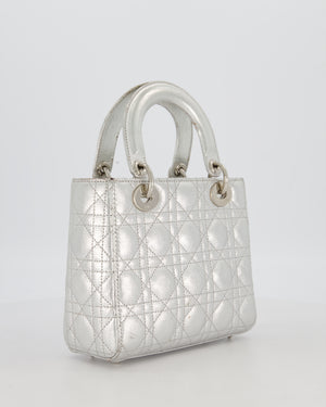 Christian Dior Small Lady Dior Bag in Silver Metallic Cannage Lambskin Leather with Silver Hardware