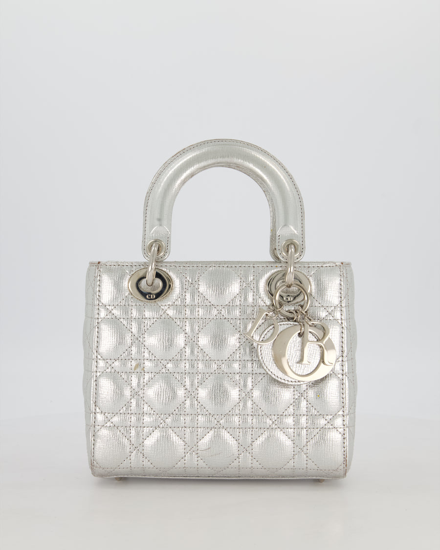 Christian Dior Small Lady Dior Bag in Silver Metallic Cannage Lambskin Leather with Silver Hardware