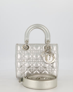 Christian Dior Small Lady Dior Bag in Silver Metallic Cannage Lambskin Leather with Silver Hardware