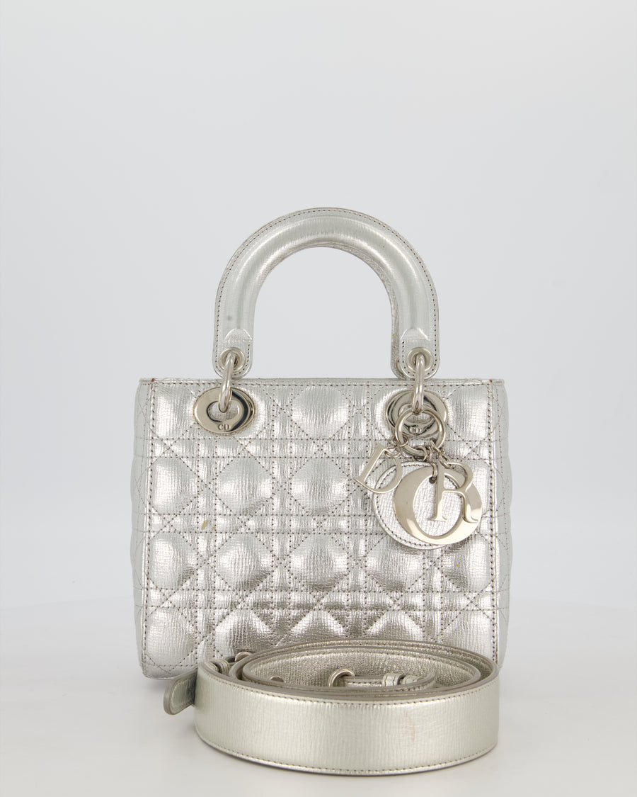 Christian Dior Small Lady Dior Bag in Silver Metallic Cannage Lambskin Leather with Silver Hardware