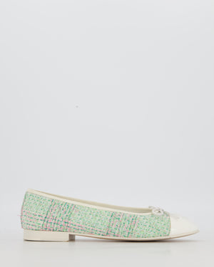 Chanel Multicolour Tweed Ballet Flats With White Patent Toe Cap Size EU 37.5