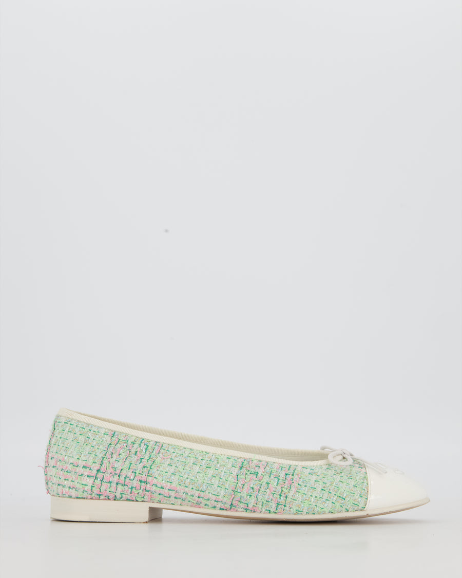Chanel Multicolour Tweed Ballet Flats With White Patent Toe Cap Size EU 37.5
