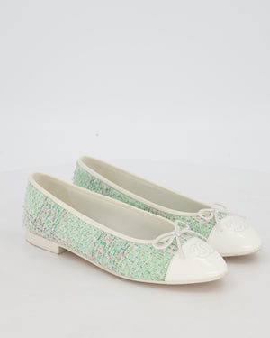 Chanel Multicolour Tweed Ballet Flats With White Patent Toe Cap Size EU 37.5
