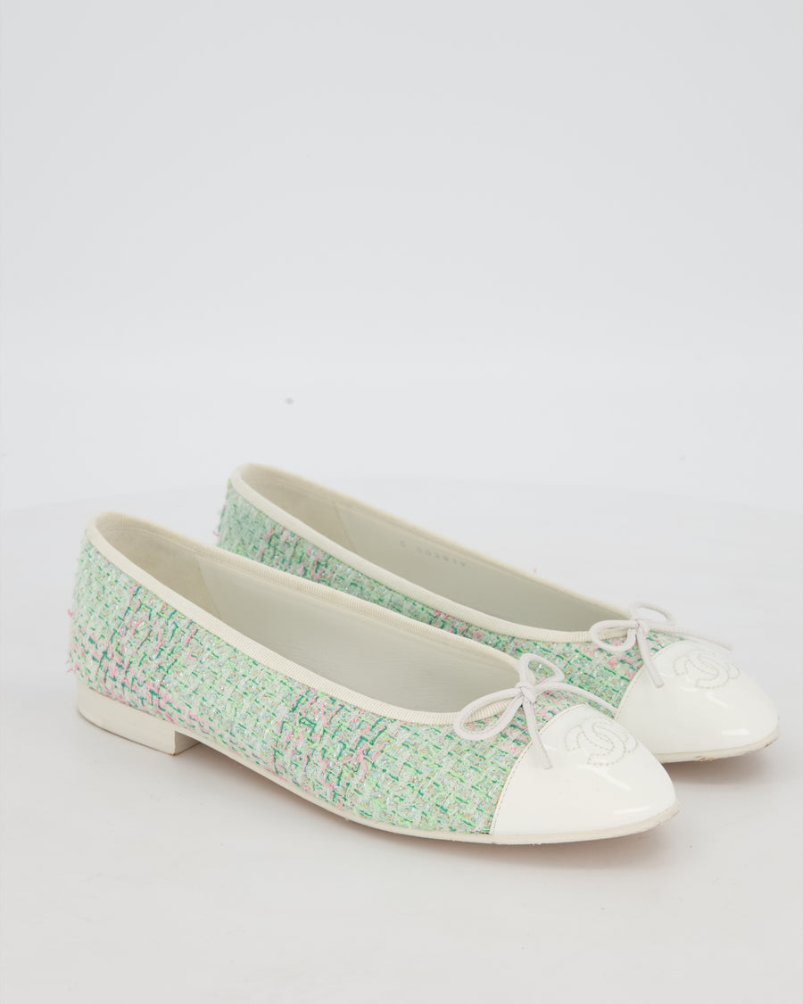 Chanel Multicolour Tweed Ballet Flats With White Patent Toe Cap Size EU 37.5