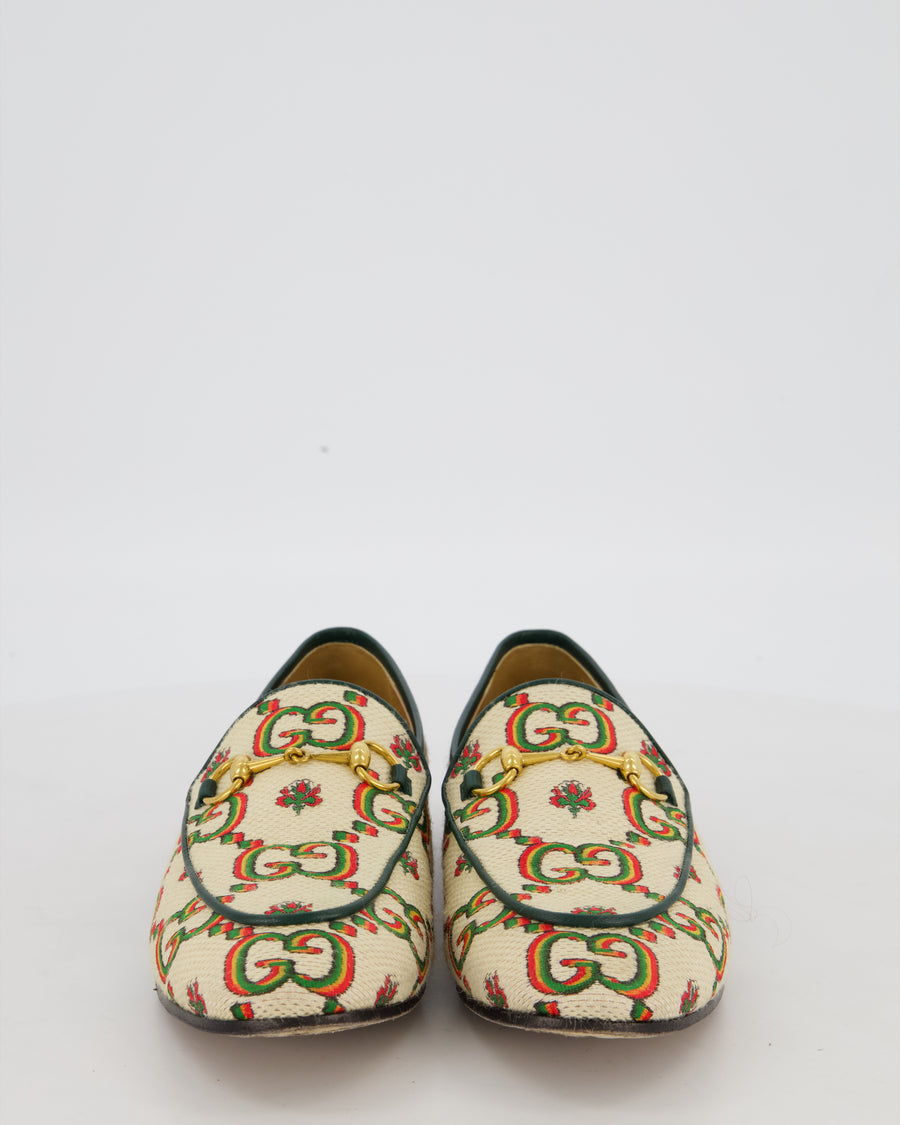 Gucci Cream, Green and Red Jumbo GG Supreme Horsebit Loafers in Canvas Size EU 38
