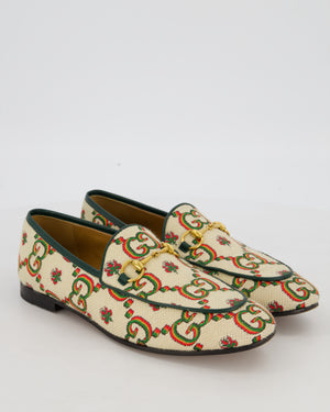 Gucci Cream, Green and Red Jumbo GG Supreme Horsebit Loafers in Canvas Size EU 38