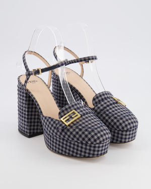 Fendi Promenade Navy and Grey Gingham Check Canvas Heeled Platform Loafers with Gold Logo Detail Size EU 36