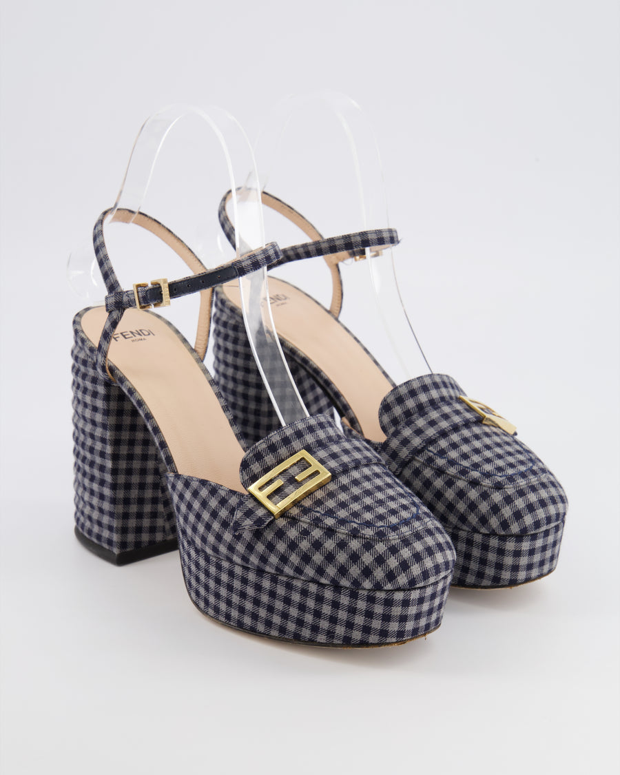 Fendi Promenade Navy and Grey Gingham Check Canvas Heeled Platform Loafers with Gold Logo Detail Size EU 36