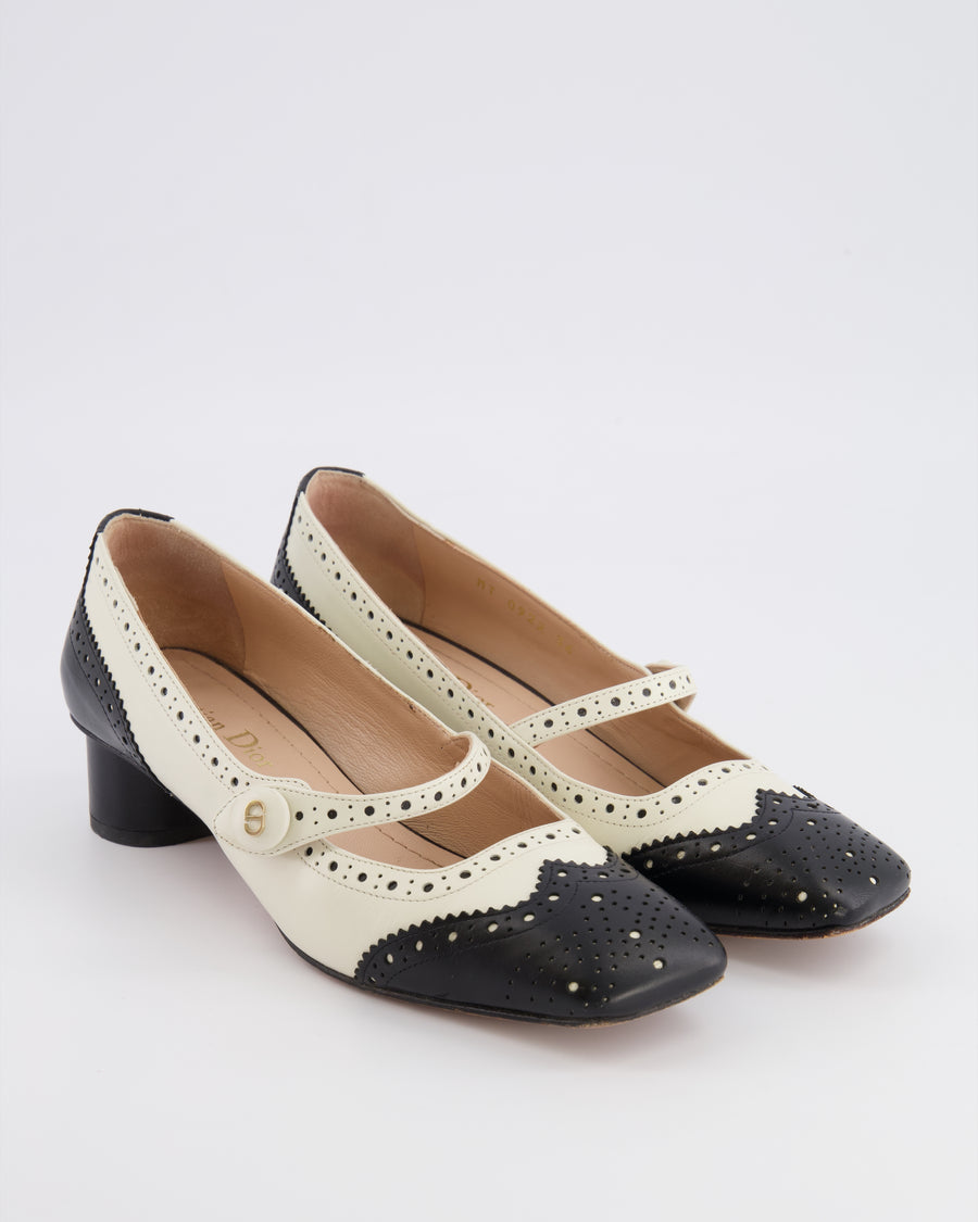 Christian Dior Spectadior Heeled Square Toe Mary Jane Pumps in Black and White Perforated Leather with Gold CD Logo Detail Size EU 36