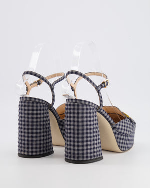 Fendi Promenade Navy and Grey Gingham Check Canvas Heeled Platform Loafers with Gold Logo Detail Size EU 36