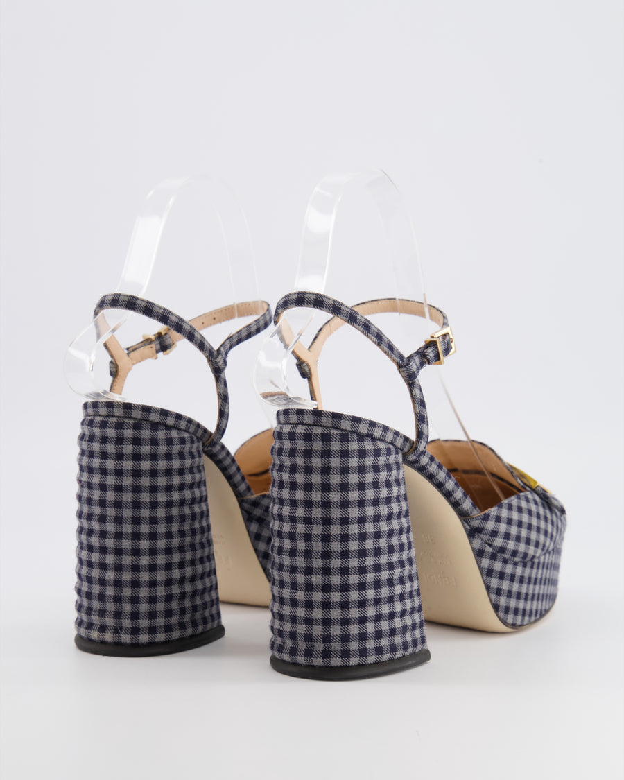Fendi Promenade Navy and Grey Gingham Check Canvas Heeled Platform Loafers with Gold Logo Detail Size EU 36