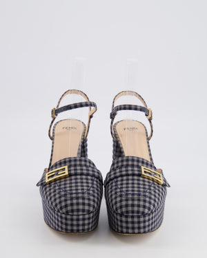 Fendi Promenade Navy and Grey Gingham Check Canvas Heeled Platform Loafers with Gold Logo Detail Size EU 36