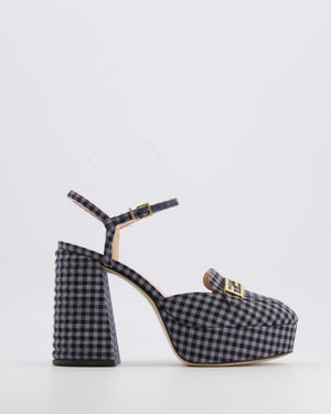 Fendi Promenade Navy and Grey Gingham Check Canvas Heeled Platform Loafers with Gold Logo Detail Size EU 36
