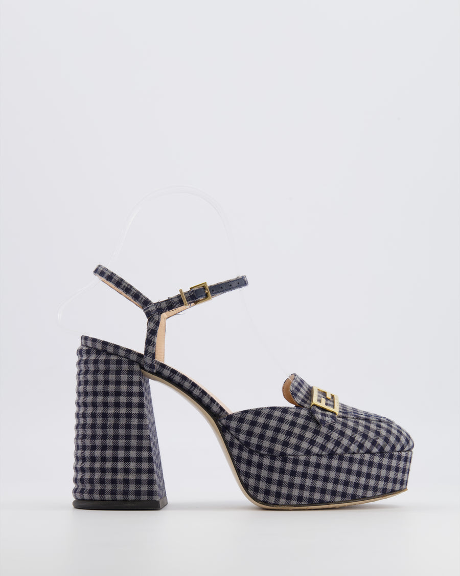Fendi Promenade Navy and Grey Gingham Check Canvas Heeled Platform Loafers with Gold Logo Detail Size EU 36