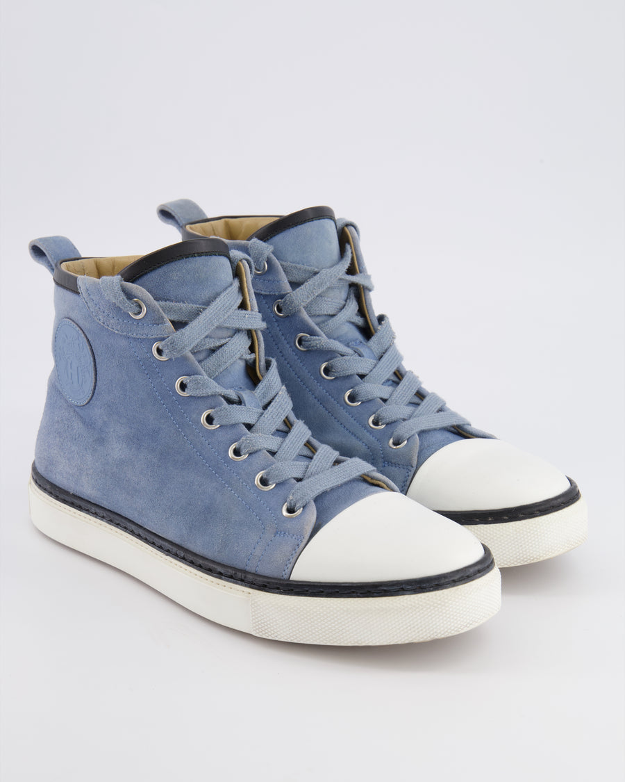 Hermès Blue Suede Jimmy High-Top Trainers with Leather Logo Detail and White Soles Size EU 38