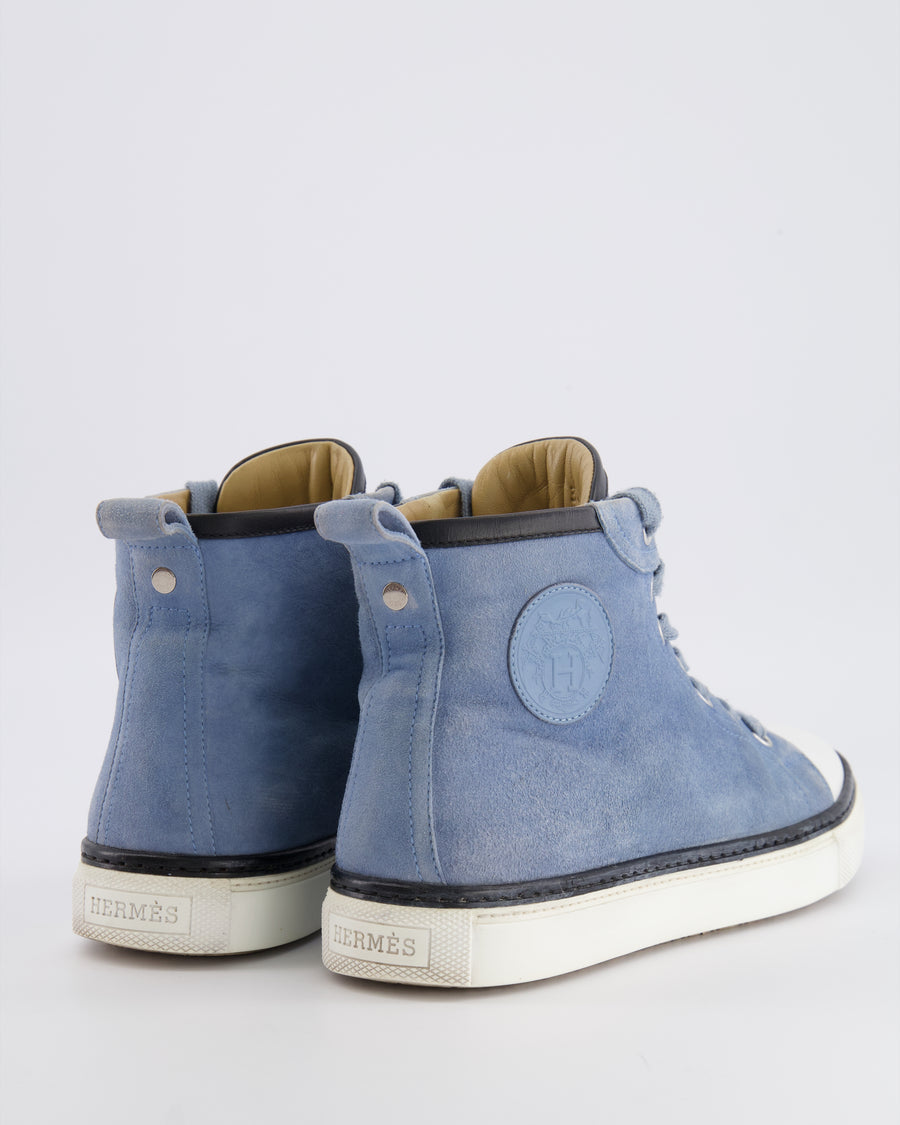 Hermès Blue Suede Jimmy High-Top Trainers with Leather Logo Detail and White Soles Size EU 38