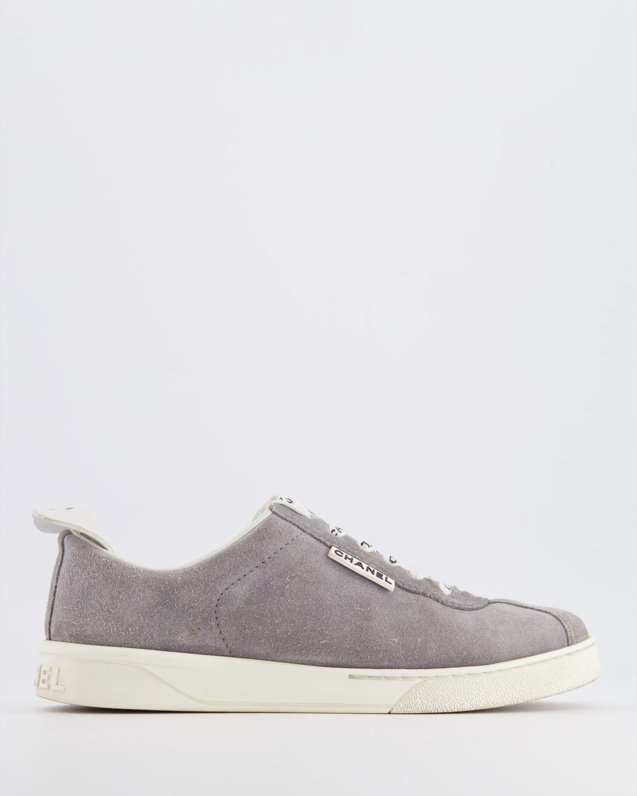 Chanel CC Logo Court Trainers in Grey Suede with White Soles and Black CC Logo Detail Size EU 37.5