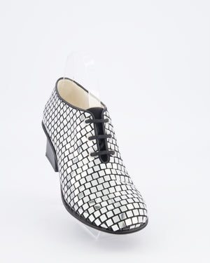 Chanel Resort 2024 Runway Silver Mirror Facets Lace-Up Heeled Boots with Gold CC Logo Detail Size EU 38C RRP £1,900