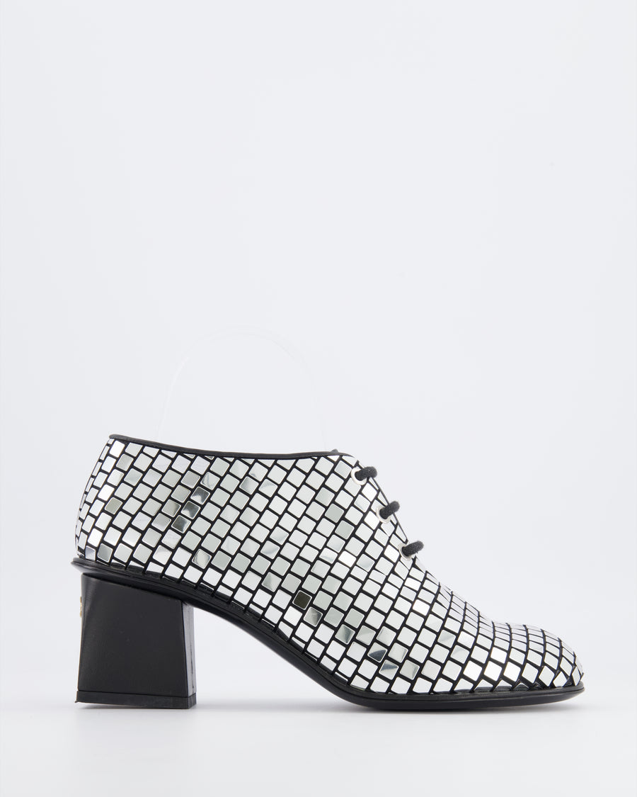 Chanel Resort 2024 Runway Silver Mirror Facets Lace-Up Heeled Boots with Gold CC Logo Detail Size EU 38C RRP £1,900