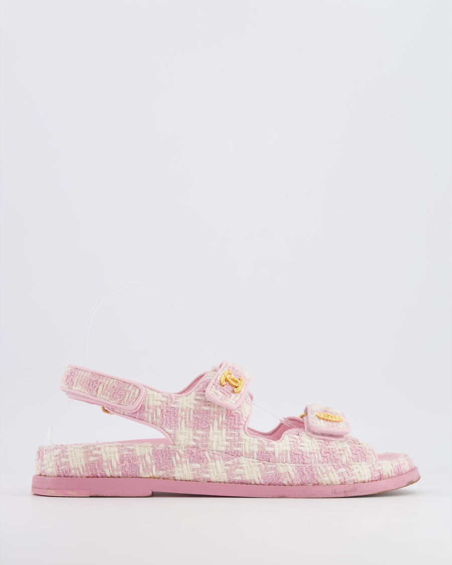 Chanel Pink and Cream Tweed Dad Sandals with Textured Gold GG Logo Details Size EU 38.5C RRP £1,400